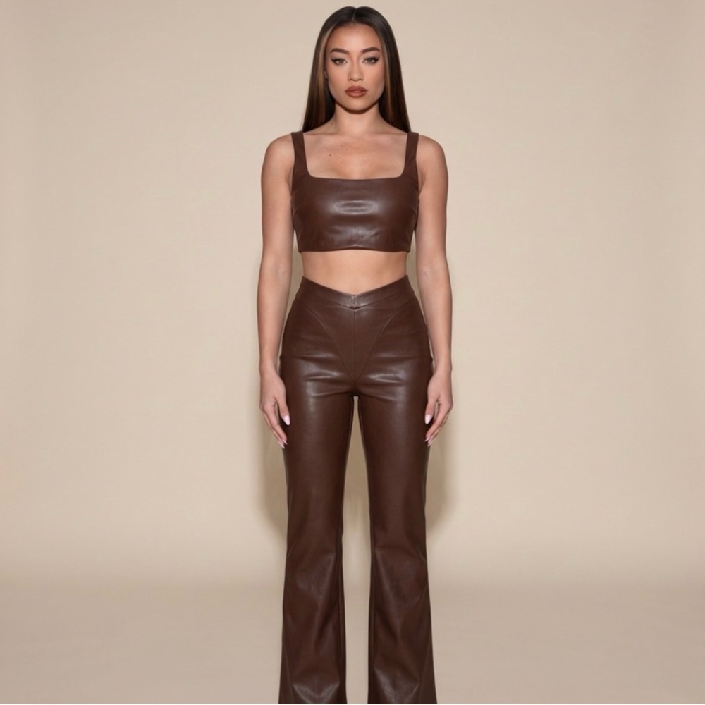 Skims High-Rise Brown Faux Leather Pants - Sleek Flare and matching top S set